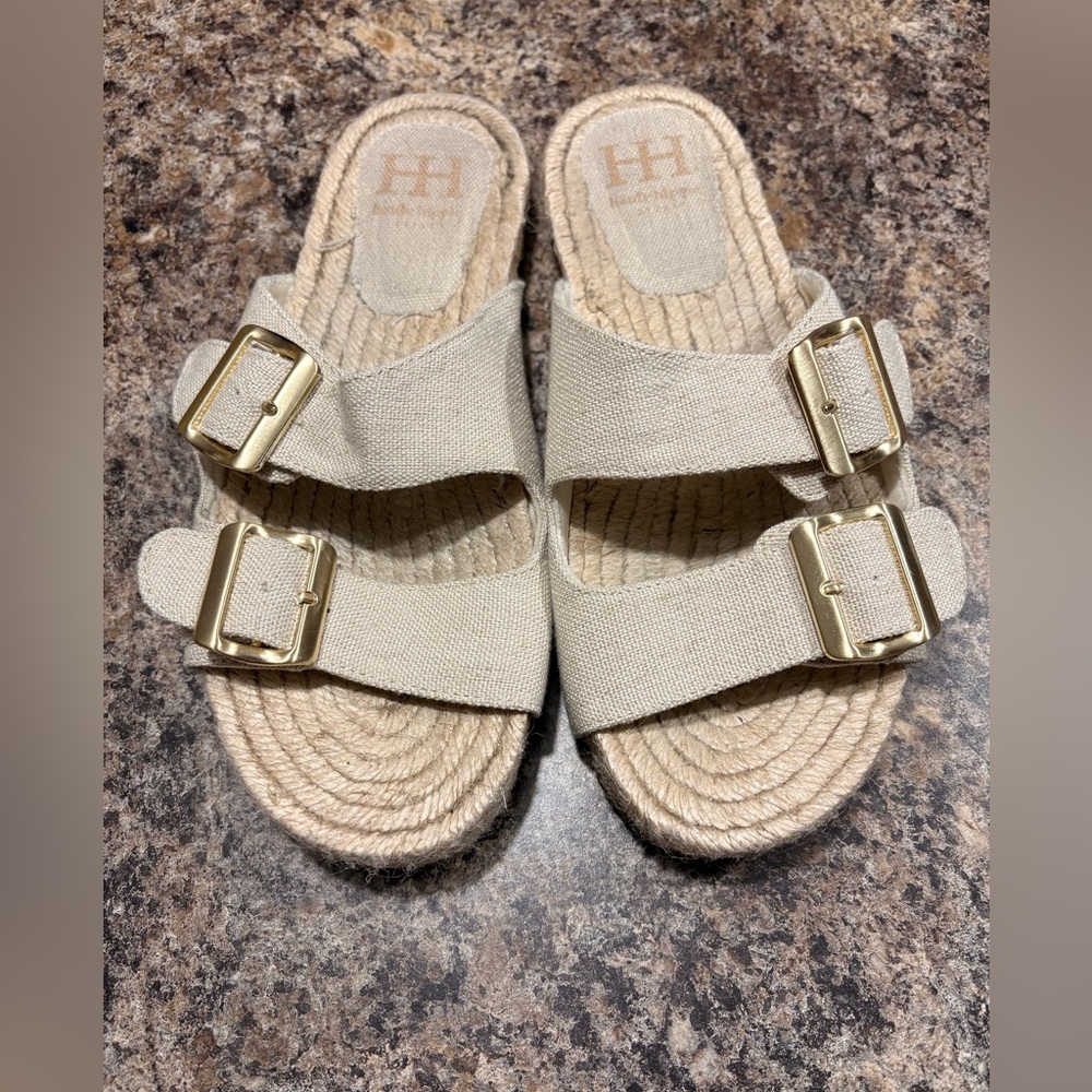 Hollister Beige Canvas Espadrille Slide Sandals with Gold Buckles